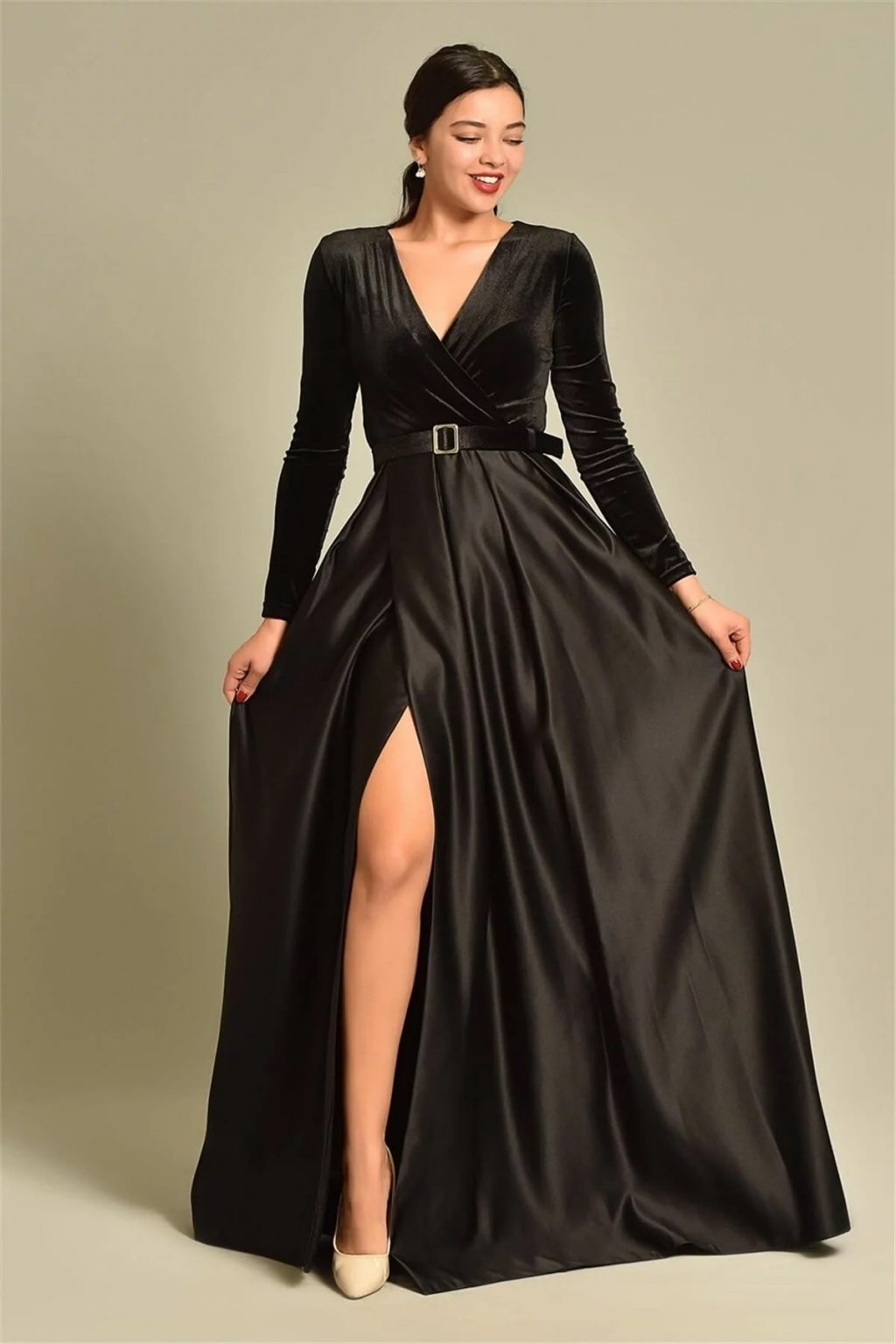 Womens Black Velvet Skirt Slit Design Evening Dress - Beren Store